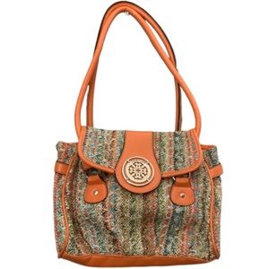 Treviso handbag woven orange tan faux gold accents boho bohemian straw rattan